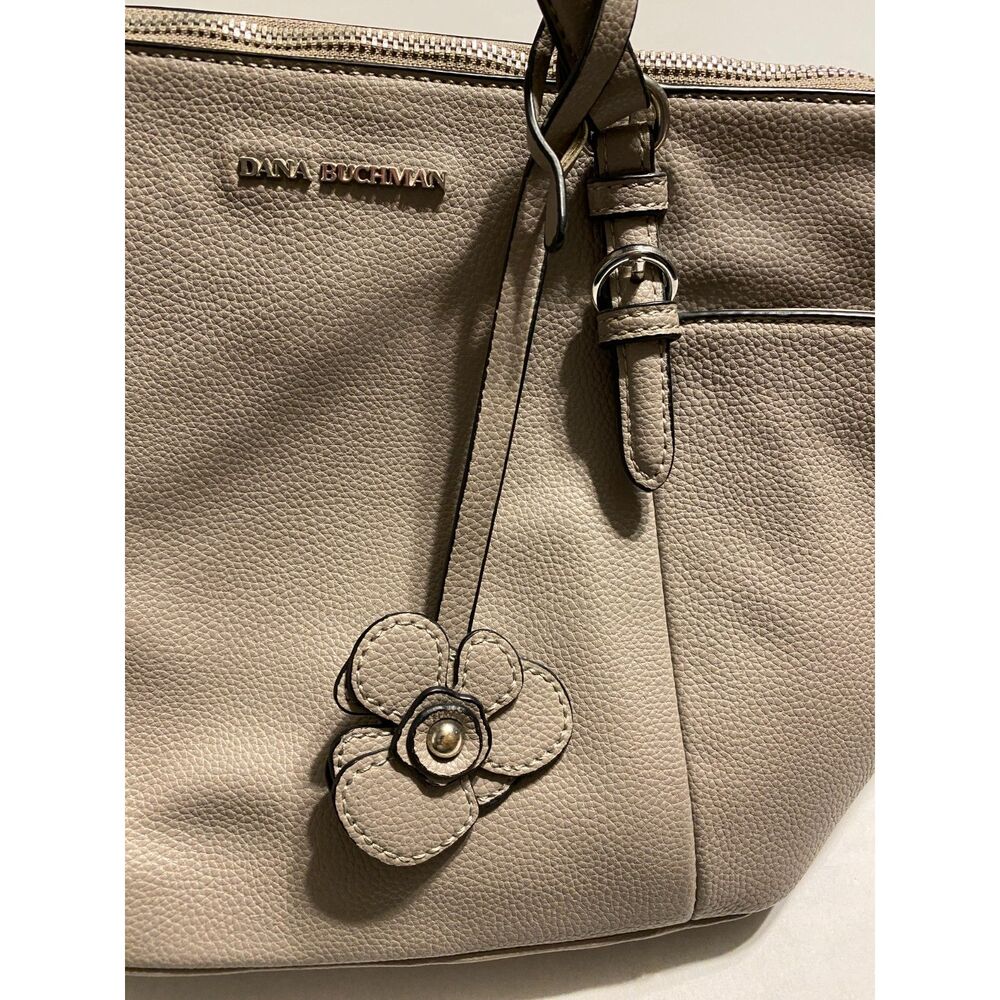Dana Buchman Grey Handbag Optional Long Strap Zip Close Flower Charm - Picture 7 of 16
